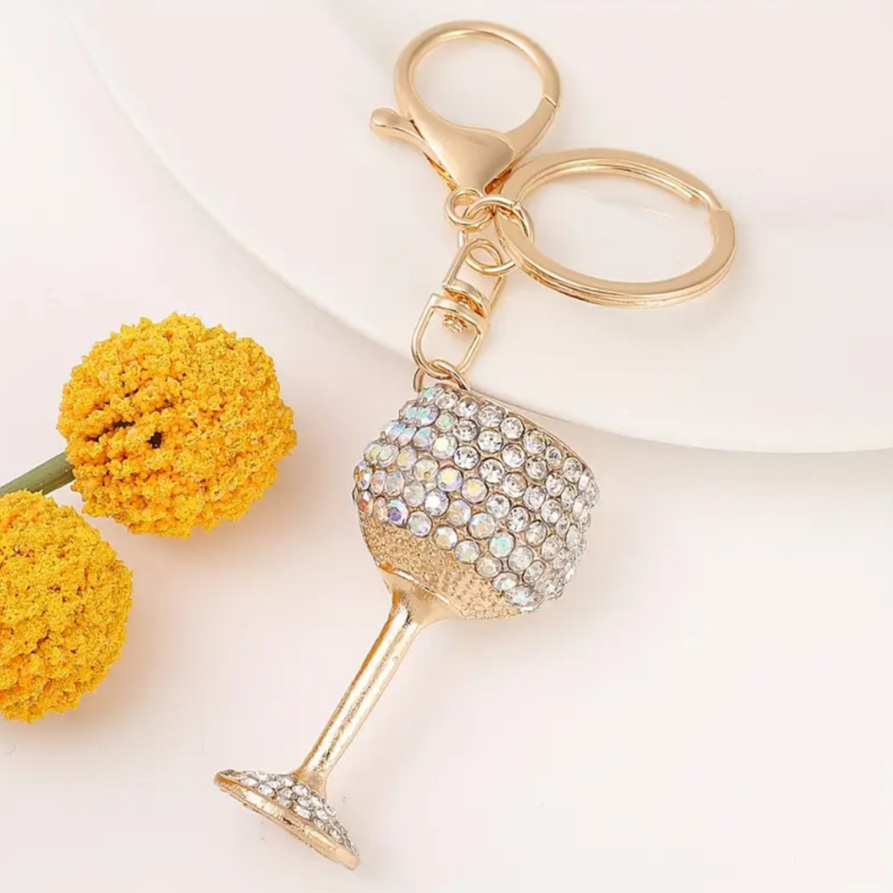 Rhinestone Wine Glass Keychain & Backpack Pendant "White" - The Wine Warehouse CA