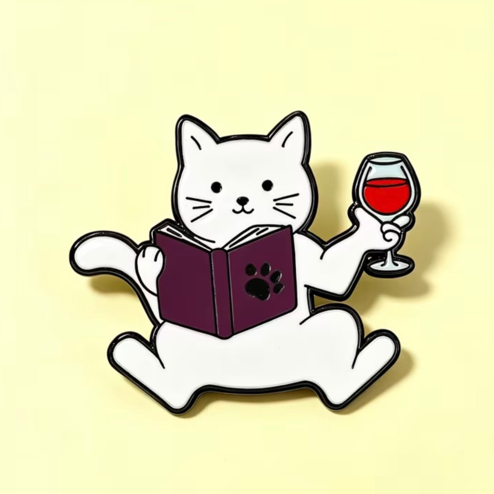 Wine Pin - Cat With Book & Wine
